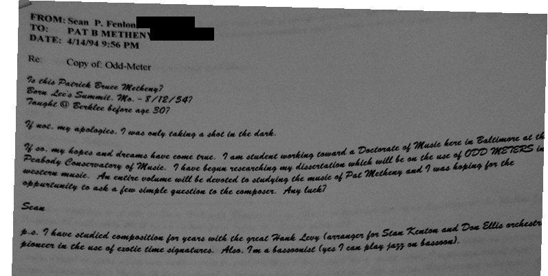 Printout of Sean's April 14, 1994 CompuServe message to Pat Metheny, subject “Copy of: Odd-Meter,” with the CompuServe IDs blacked out