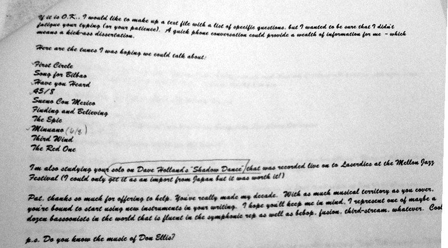Second page of Sean's April 15 message: the list of ten Metheny tunes, with handwritten check marks and “(6/8)” beside Minuano