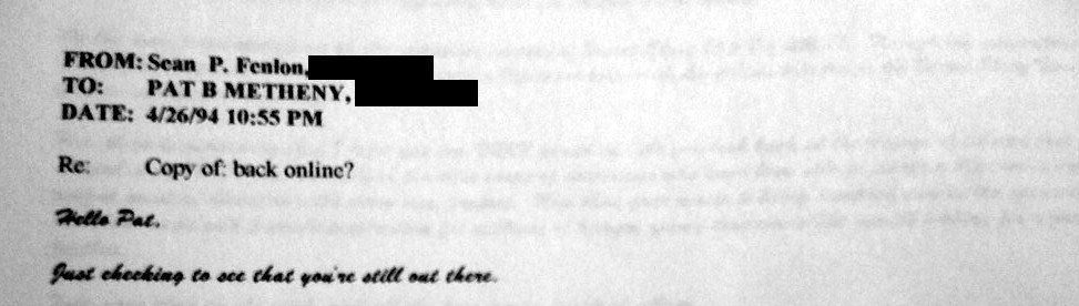 Printout of Sean's April 26, 1994 message, subject “Copy of: back online?”