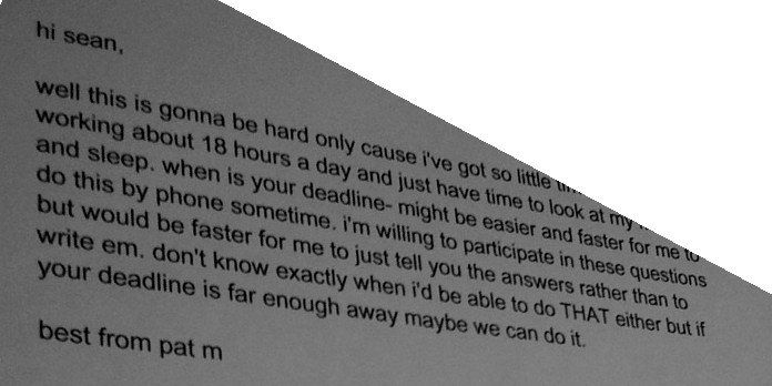 Printout of an undated reply from Pat Metheny beginning “hi sean, well this is gonna be hard,” photographed at an angle