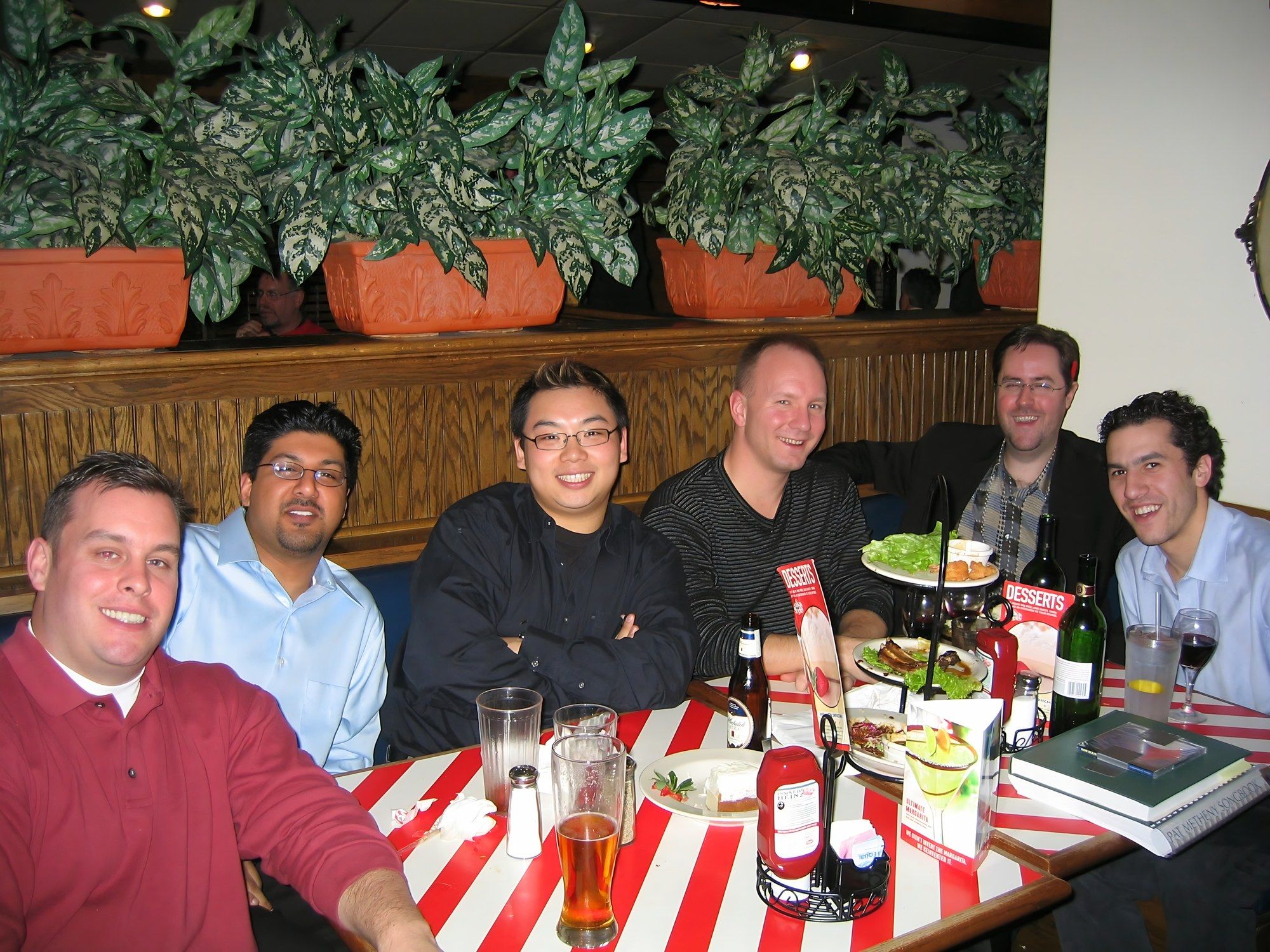Six people around a restaurant table at dinner