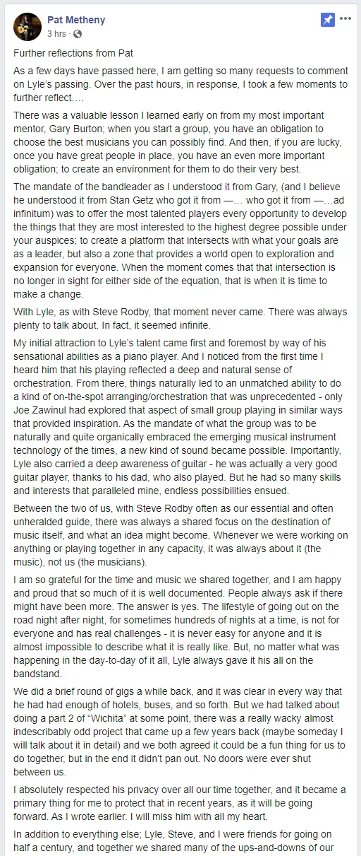 Screenshot of Pat Metheny’s February 2020 Facebook statement on the passing of Lyle Mays, part 1