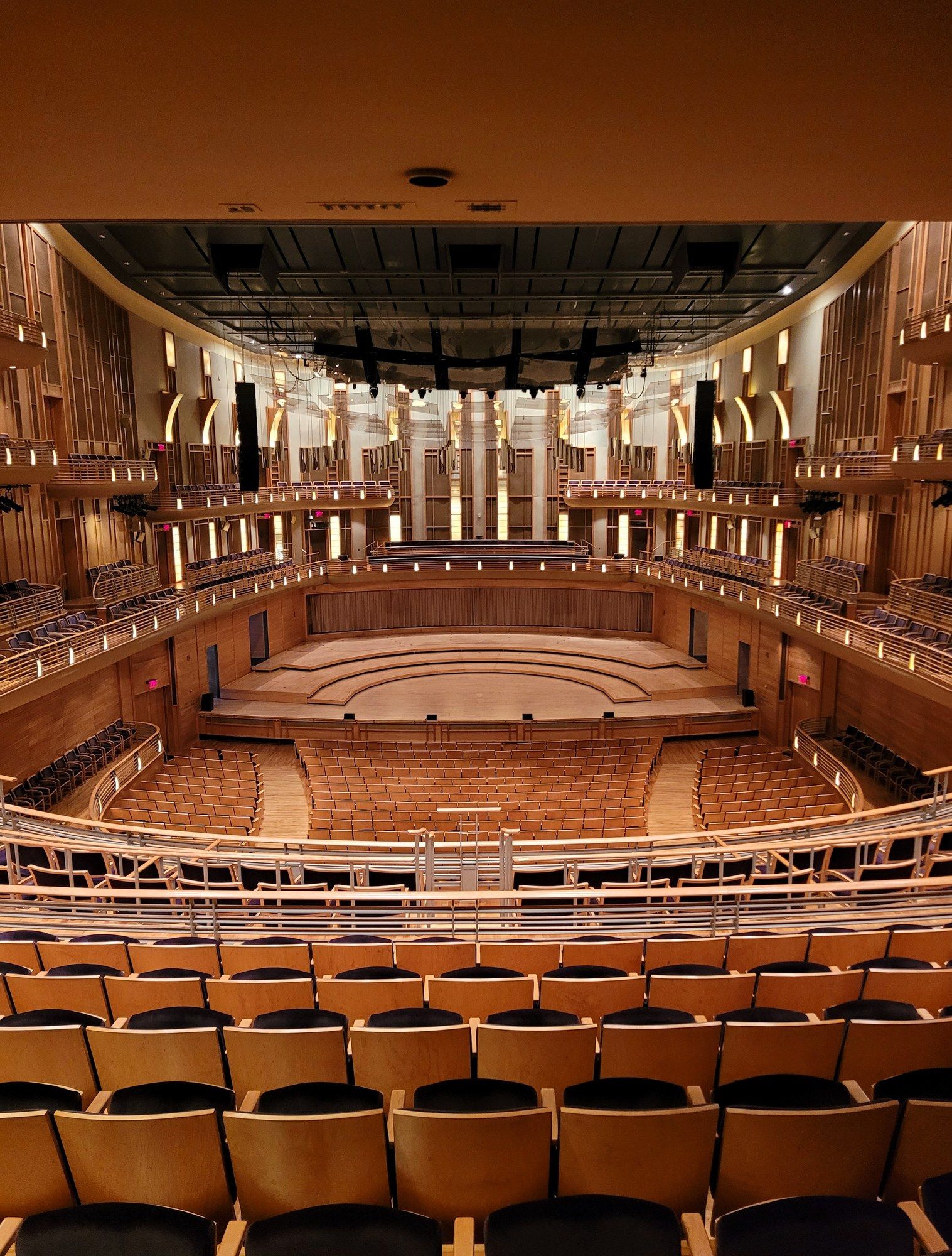 The concert hall at the Music Center at Strathmore, seen from the audience, with tiers of balconies around the stage