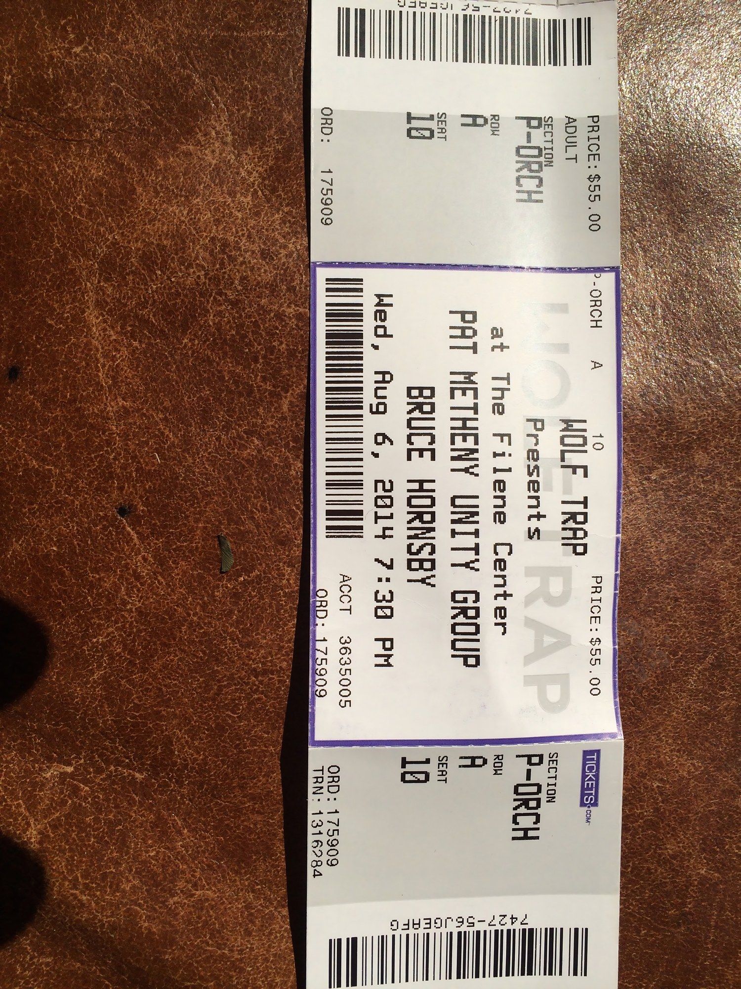 Ticket stub: Pat Metheny Unity Group and Bruce Hornsby, Wednesday, August 6, 2014, 7:30 PM, Filene Center, orchestra, Row A, Seat 10