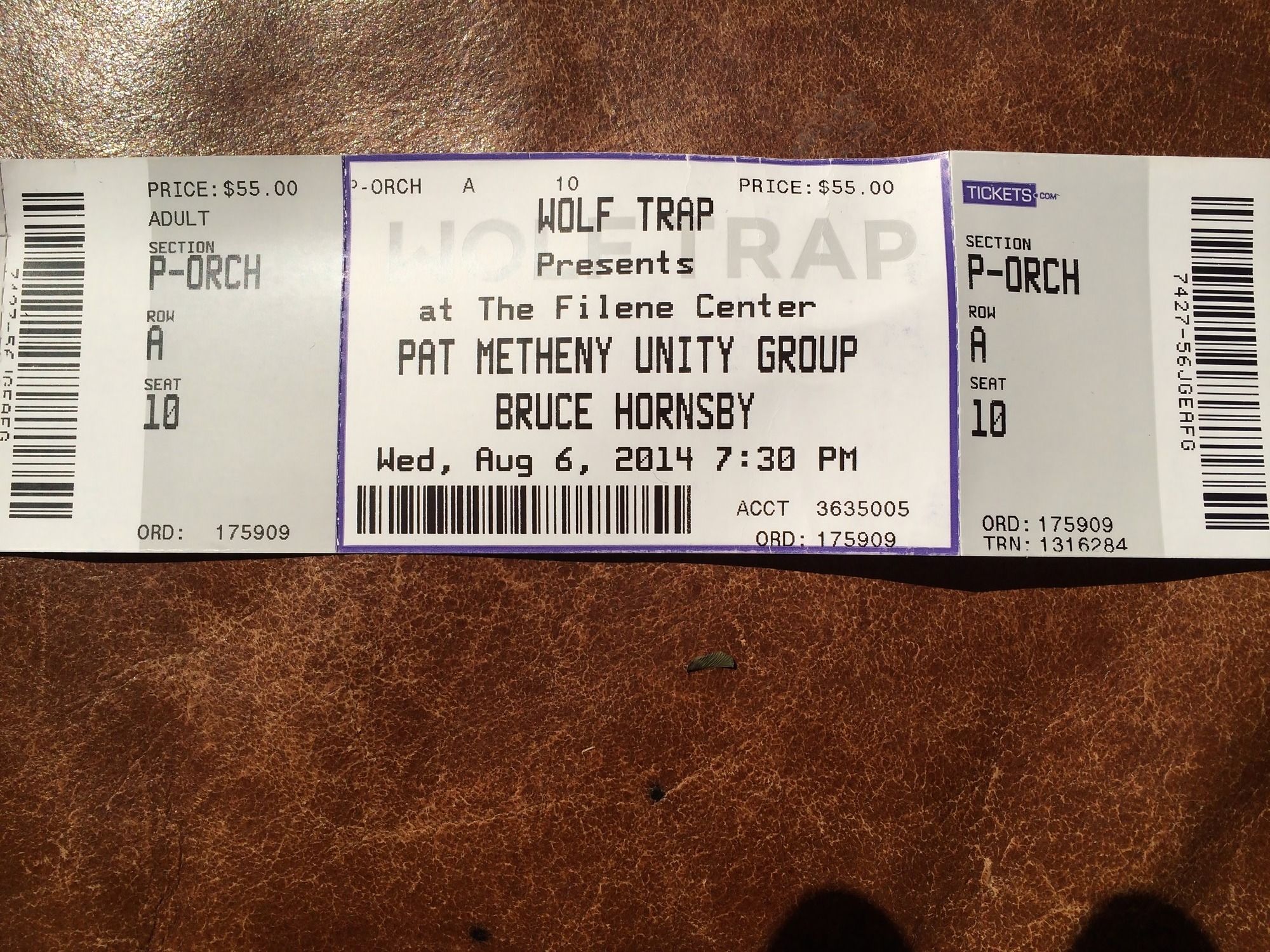 Ticket stub: Pat Metheny Unity Group and Bruce Hornsby, Wednesday, August 6, 2014, 7:30 PM, Filene Center, orchestra, Row A, Seat 10