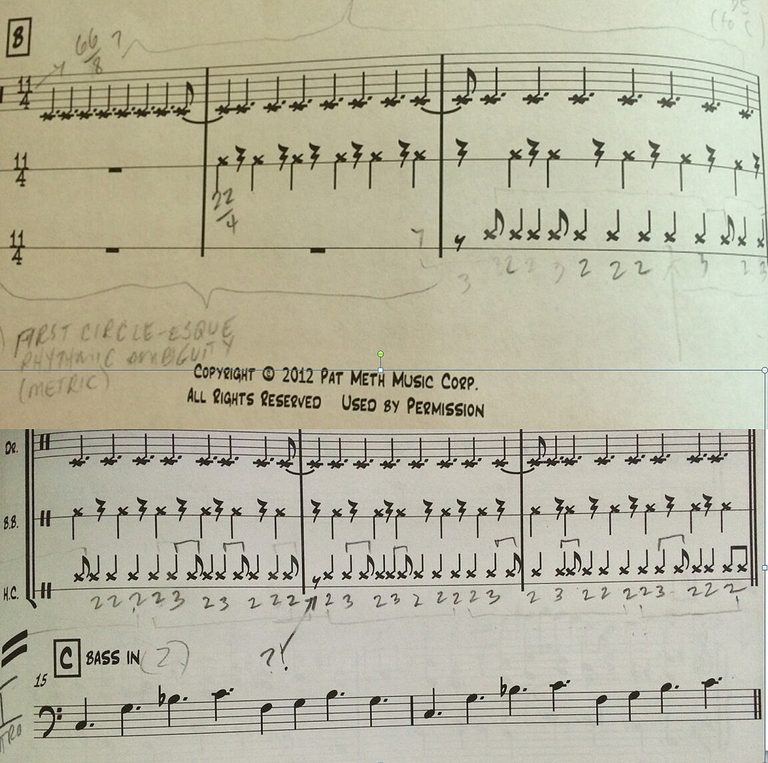 Sean’s photo of two excerpts from the Kin lead sheets for “On Day One”: drum, body-beat and hand-clap parts in 11/4, marked up in pencil with the 2-and-3 groupings of the claps and the note “First Circle-esque rhythmic ambiguity (metric),” followed by the bass entry at letter C.